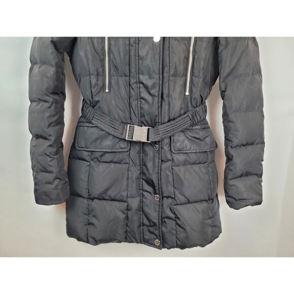 Michael Kors Jacket Women's Black Down Parka Coat Belted Faux Fur Hooded Sz XXS - Picture 3 of 16